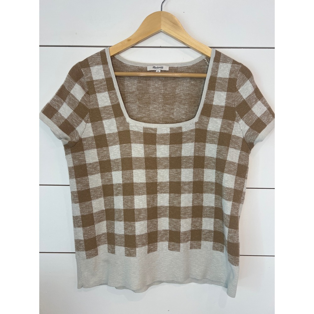 Madewell Gingham Square Neck Short Sleeve Sweater Brown Tan Cream XL Cottagecore